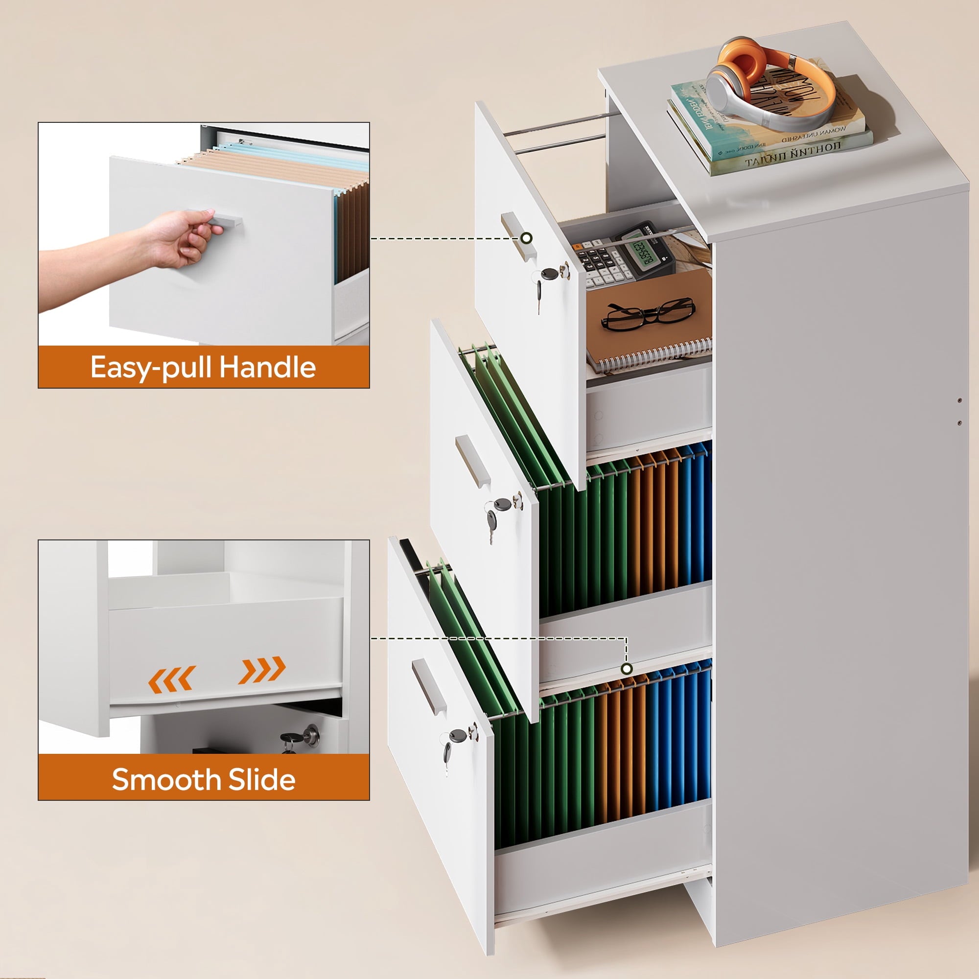GALAXHERO 3-Drawer File Cabinet with Locks & Wood Printer Stand, Fits Letter/A4, Ideal for Home Office