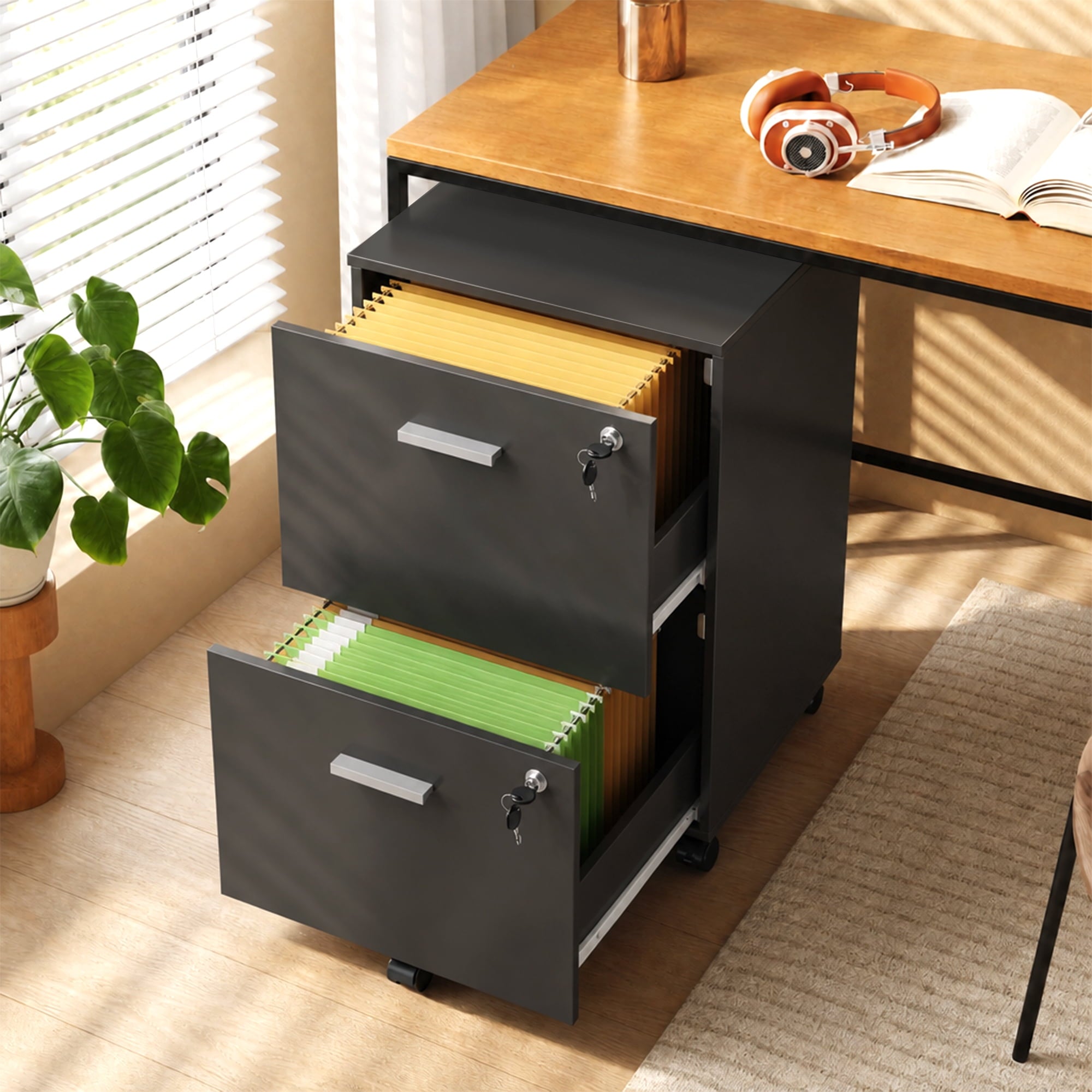 GALAXHERO 2 Drawer Filing Cabinet with Lock, Wooden Printer Stand with Storage for Home Office, Mobile Locking File Cabinet Fits Letter/A4 Hanging Files