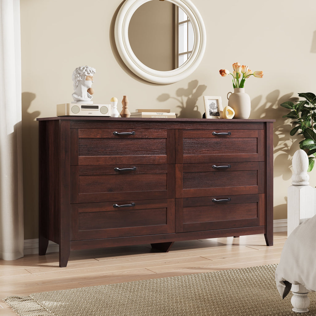 GALAXHERO 6-Drawer Double Wood Dresser - Farmhouse Chest of Drawers with Metal Handles for Bedroom, Living Room, Entryway
