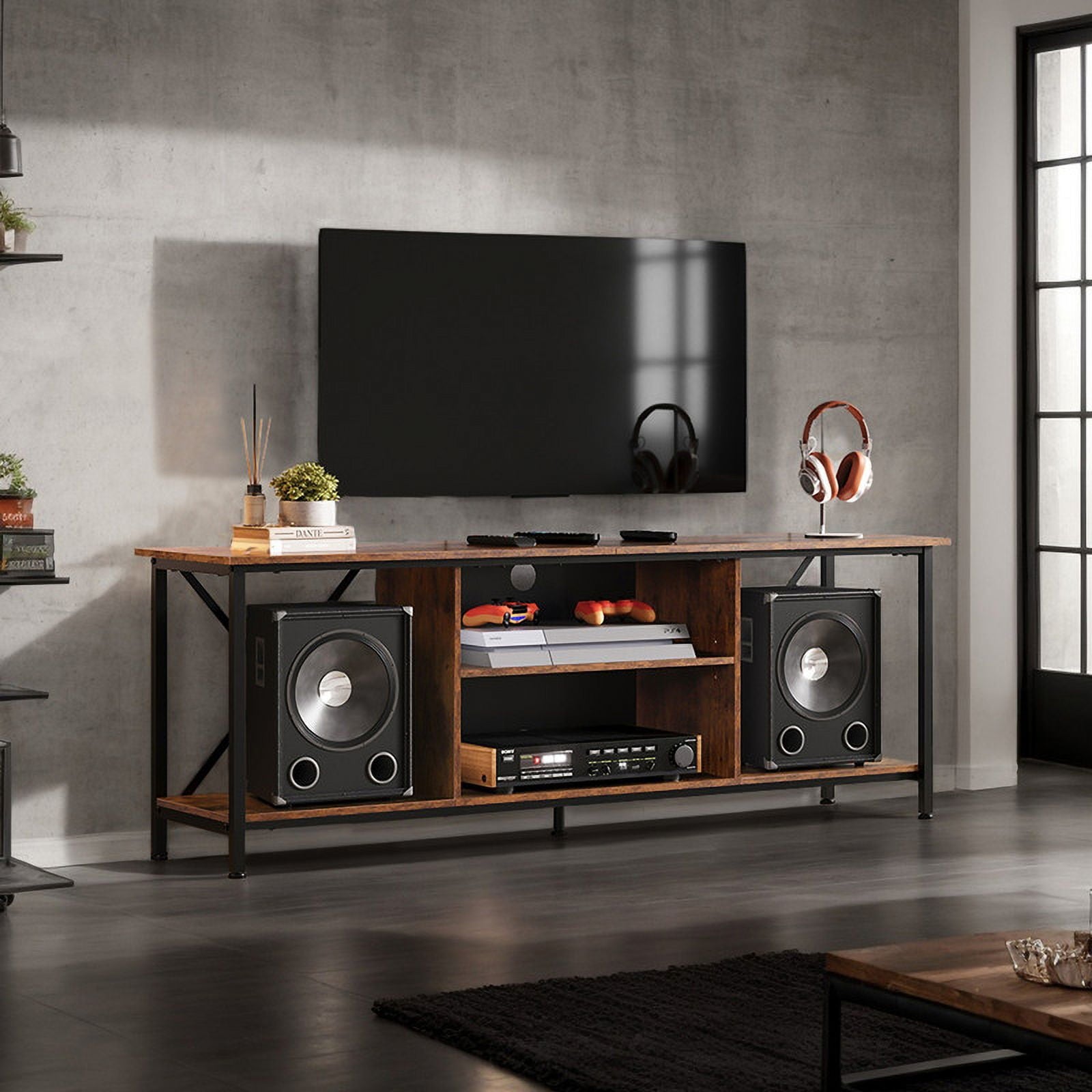 GALAXHERO TV Stand for 65 Inch TVs, 55" Rustic Industrial TV Console with Open Shelf, Entertainment Center for Living Room & Bedroom, Media Storage Cabinet, Rustic Brown