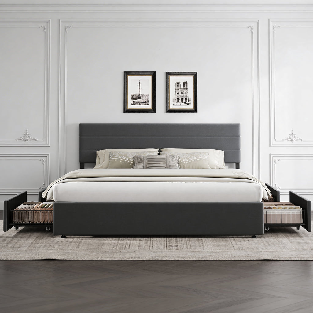 GALAXHERO King Size Upholstered Bed Frame with 4 Storage Drawers and Headboard, Velvet Platform Bedframe, Sturdy Metal & Wooden Slats Support, No Box Spring Needed, Easy Assembly