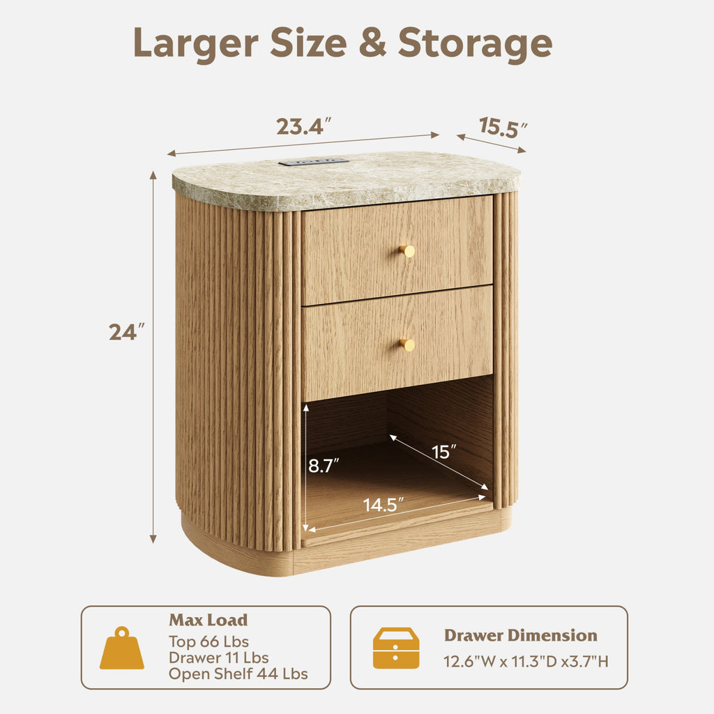 GALAXHERO Mid Century Modern Nightstand with Charging Station, 2-Drawer Fluted Wood Bedside Table with Open Shelf for Bedroom Living Room Dorm