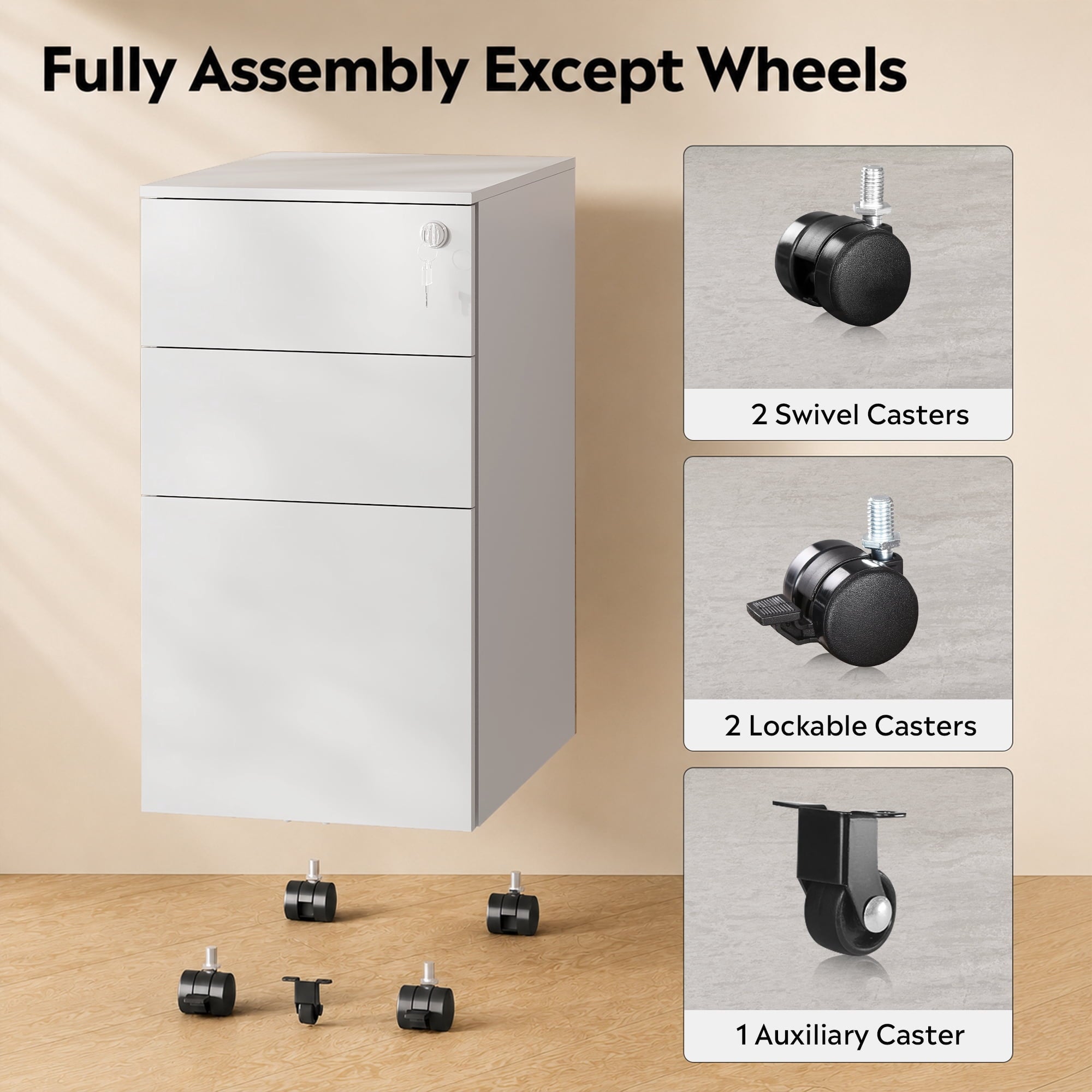 GALAXHERO 3 Drawer File Cabinet, Fully Assembled Except Casters, Metal Under Desk Cabinet with Lock, Rolling Filing Cabinet for Home Office, Legal/Letter Size