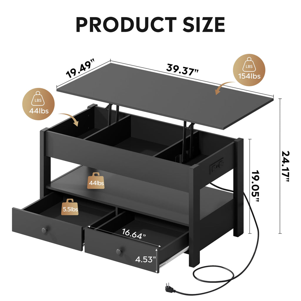 GALAXHERO Lift Top Coffee Table for Living Room Table with 2 Drawers & LED Light & Large Storage and Open Shelf