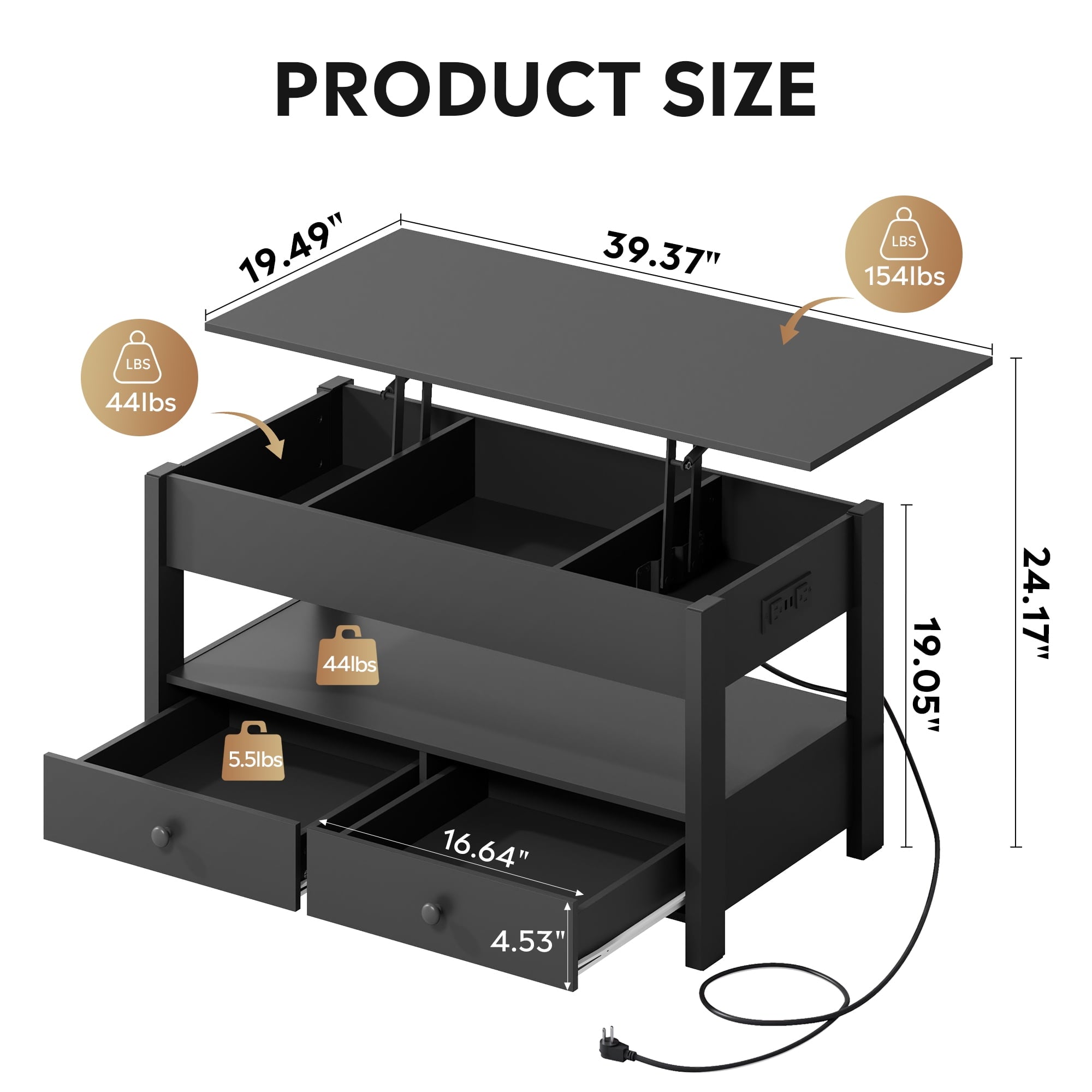 GALAXHERO Lift Top Coffee Table for Living Room Table with 2 Drawers & LED Light & Large Storage and Open Shelf
