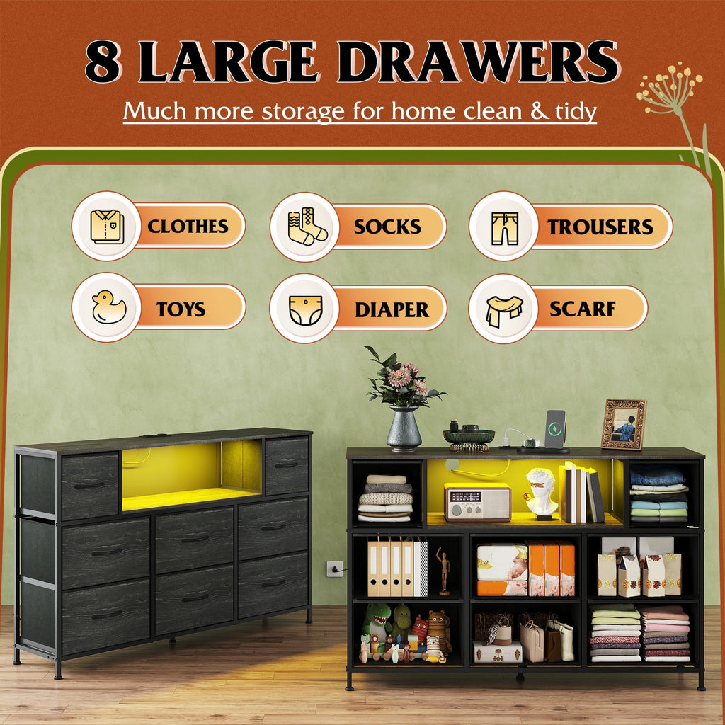GALAXHERO 8-Drawer Dressers for Bedroom, Dresser TV Stand for 55'' TV with LED Lights and Power Outlets, Fabric Chest of Drawers for Living Room, Entryway