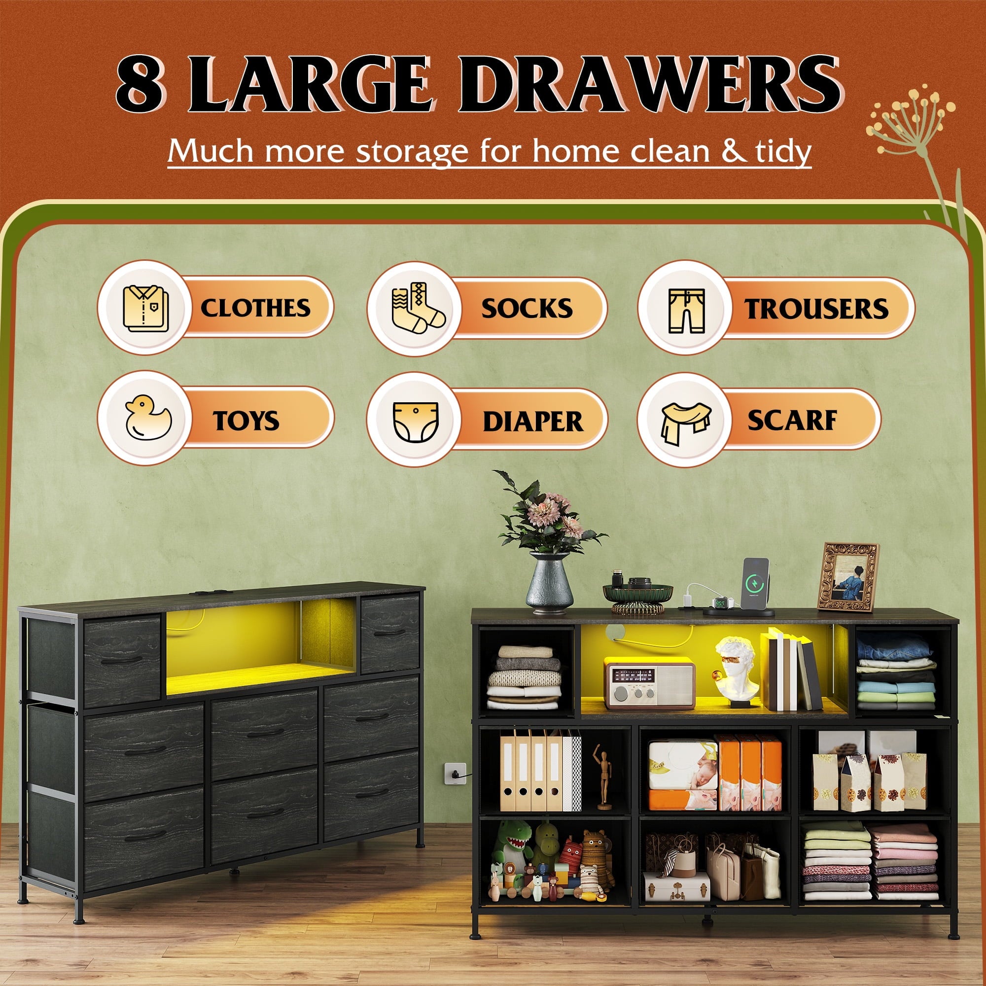 GALAXHERO 8-Drawer Dressers for Bedroom, Dresser TV Stand for 55'' TV with LED Lights and Power Outlets, Fabric Chest of Drawers for Living Room, Entryway