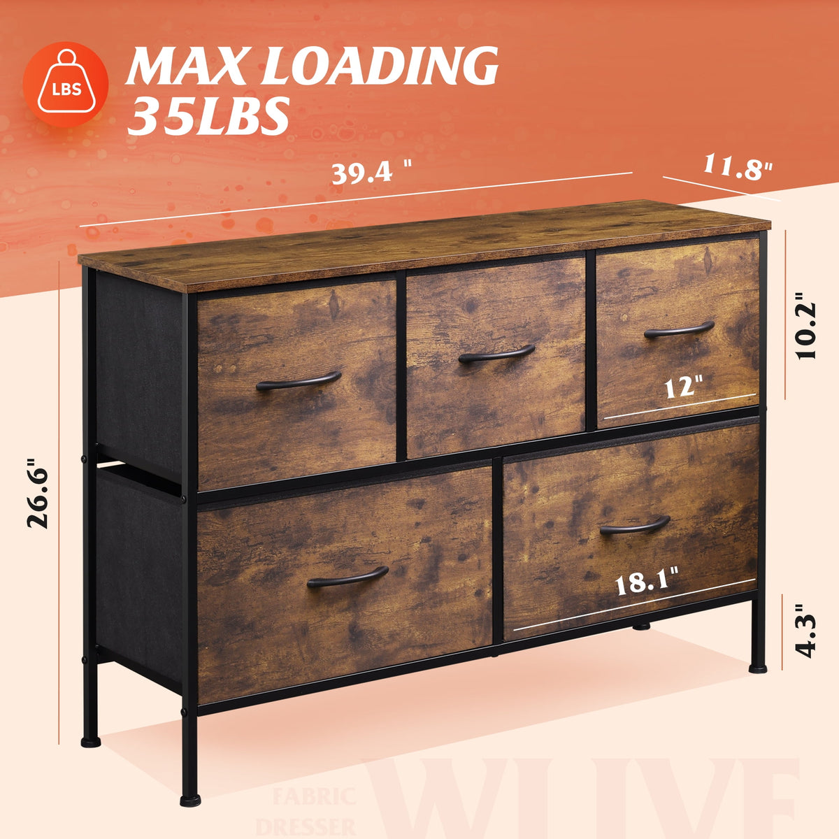 GALAXHERO 5 Drawer Dresser, Fabric Storage Tower for Bedroom, Hallway, Entryway & Closets, Sturdy Steel Frame with Wood Top, Easy Pull Handle