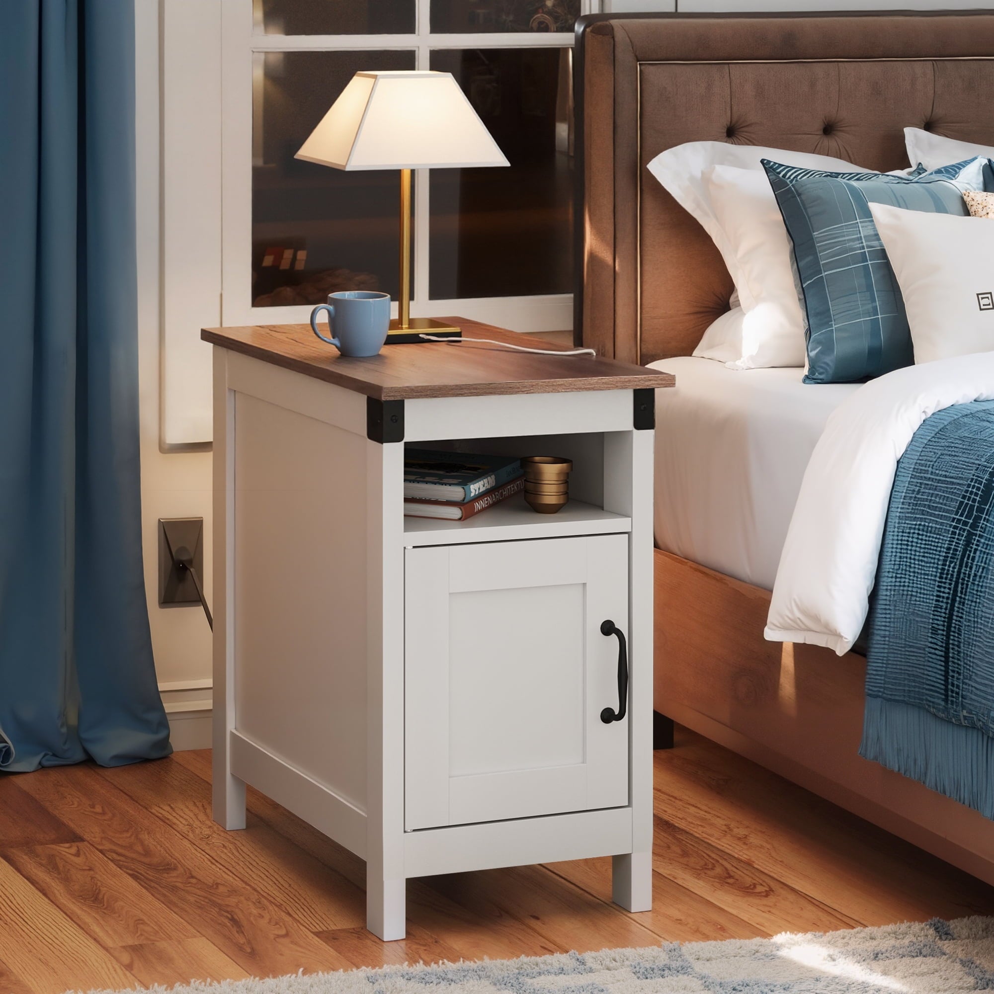 GALAXHERO Side Table with Charging Station Narrow End Table with Storage Night Stand with USB Ports and Outlets Small Wooden Cabinet for Living Room and Bedroom