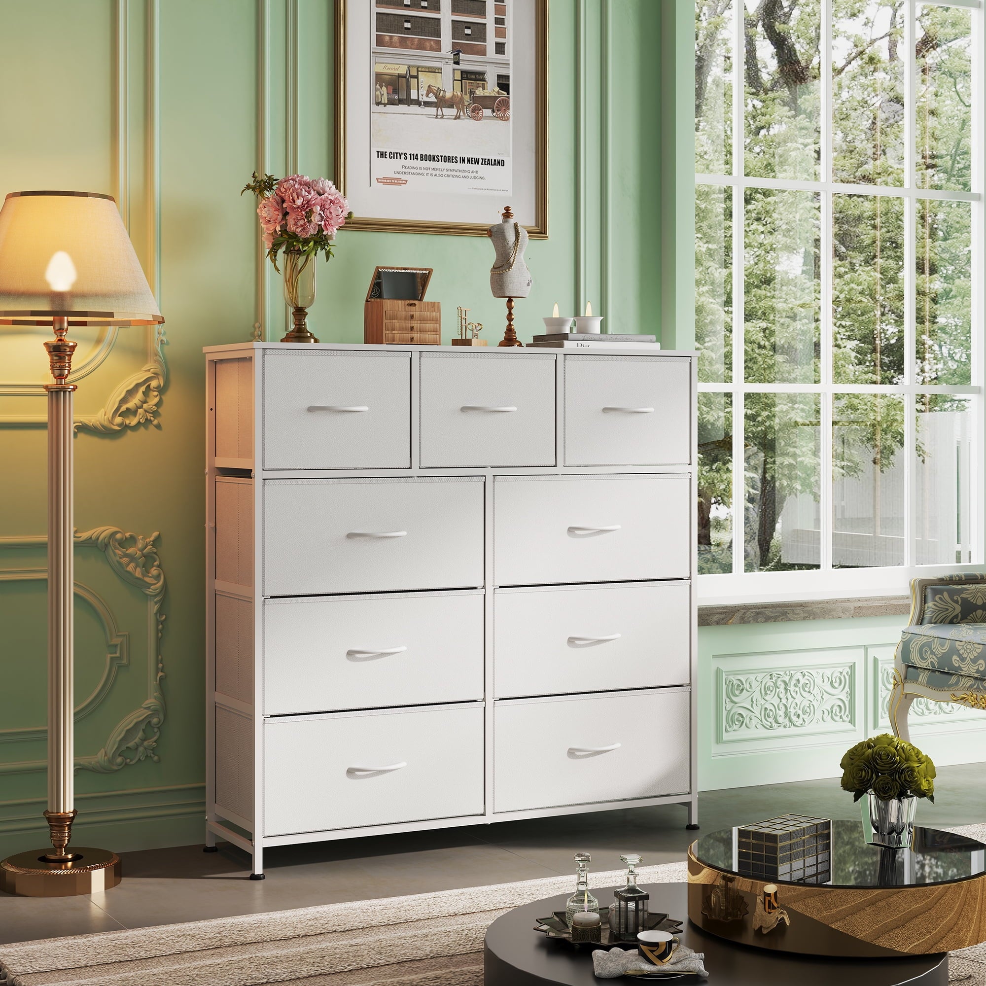 GALAXHERO 9-Drawer Fabric Dresser, Tall Storage Tower for Bedroom, Hallway, Entryway, Closet, Chest Organizer Unit with Fabric Bins, Steel Frame, Wood Top, Easy Pull Handle, White
