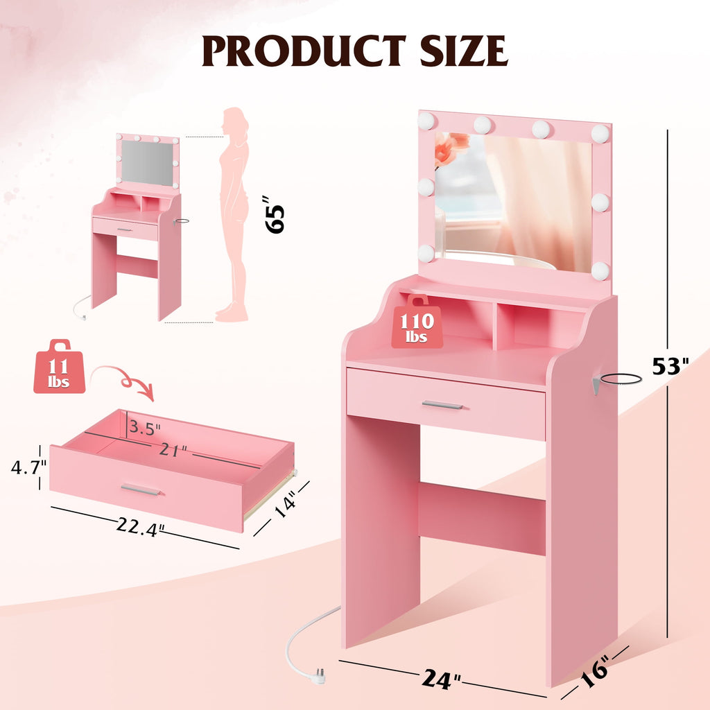 GALAXHERO Small Vanity Desk with Mirror, Makeup Tables with Drawer and Storage Shelves, Girls Dressing Table for Bedroom