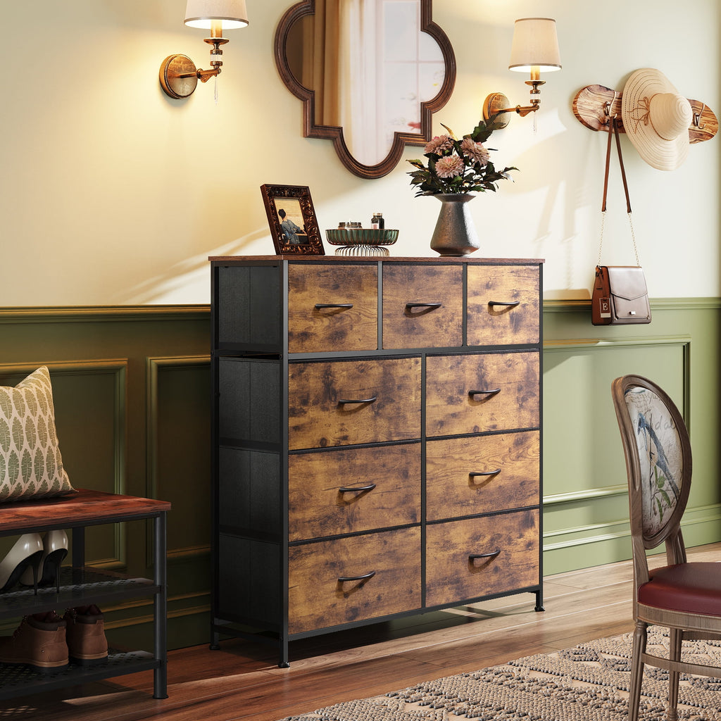 GALAXHERO 9-Drawer Fabric Dresser, Tall Storage Tower for Bedroom, Hallway, Entryway, Closet, Chest Organizer Unit with Fabric Bins, Steel Frame, Wood Top, Wood Grain Print