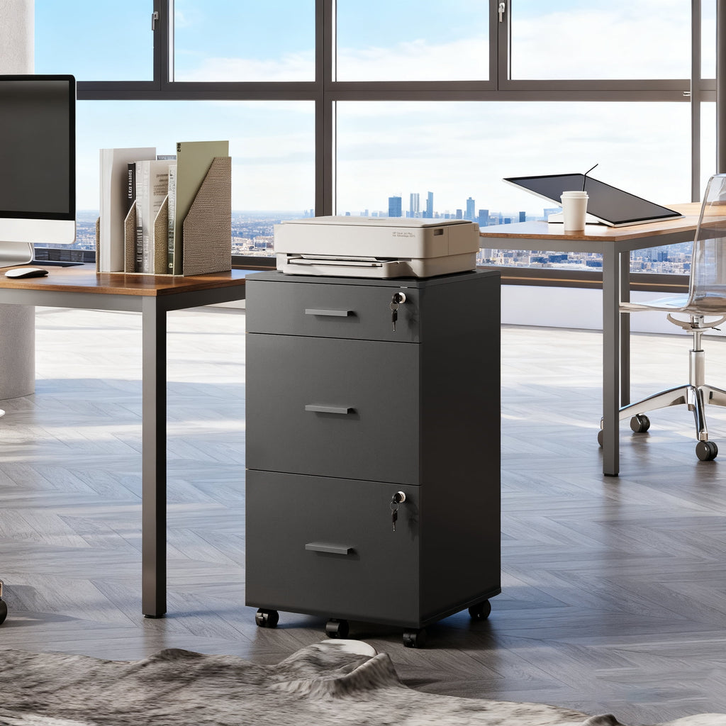 GALAXHERO Filing Cabinet with Lock and Key, 3 Drawer Rolling File Cabinet,  Wood Storage Locker, Fits Letter/A4 Size