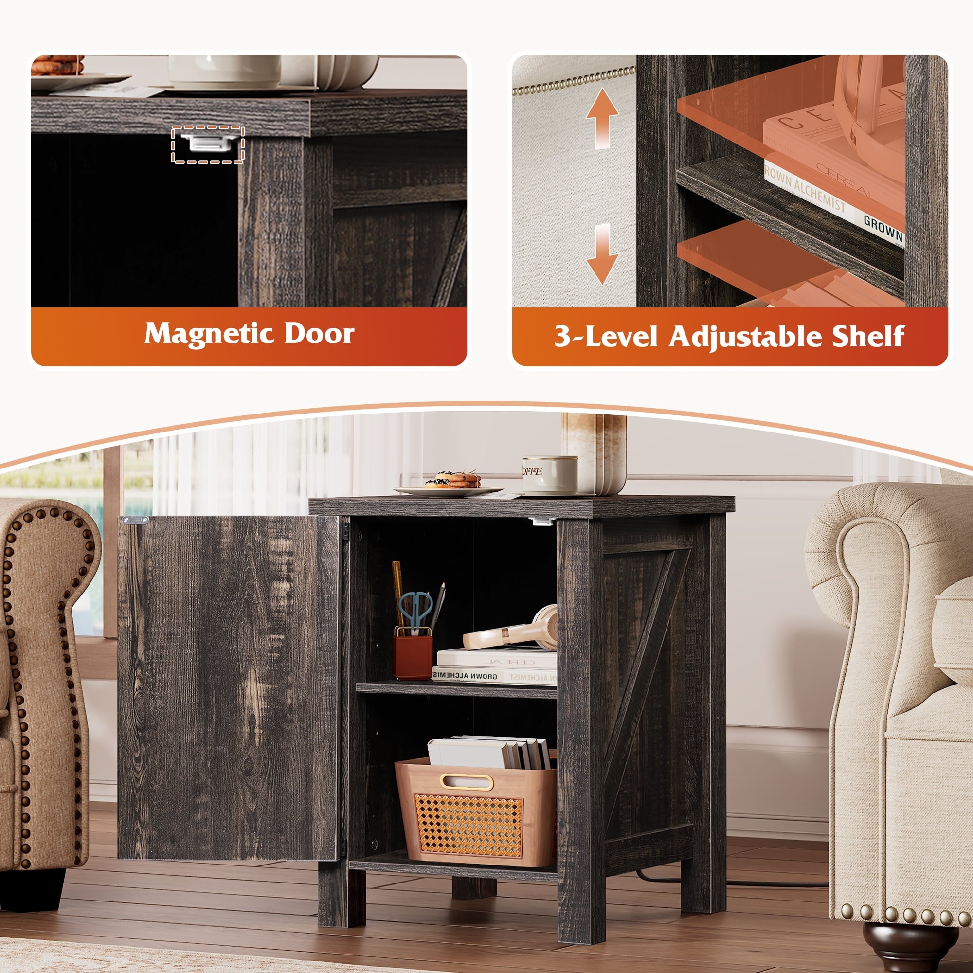 GALAXHERO Nightstand with Charging Station, Farmhouse Narrow Side Table with Barn Door, Wooden Bedside Table for Bedroom, End Tables for Living Room