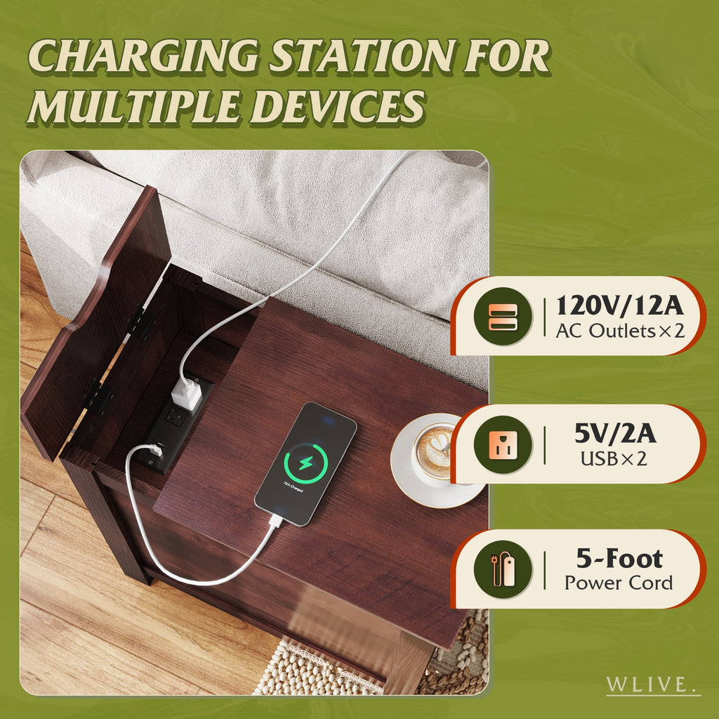 GALAXHERO Side Table with Charging Station Narrow End Table with Storage Night Stand with USB Ports and Outlets Small Wooden Cabinet for Living Room and Bedroom