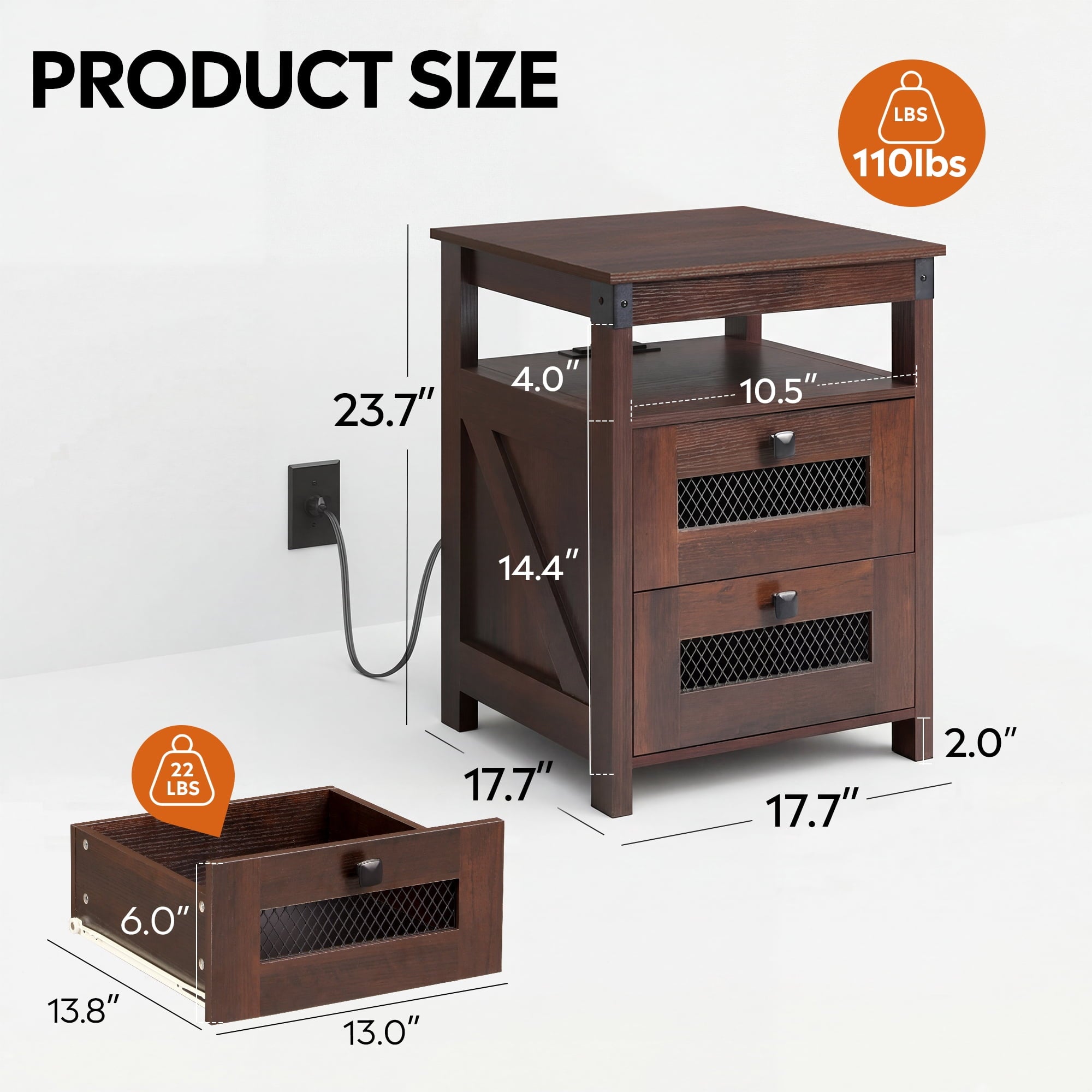 GALAXHERO Nightstand with Charging Station, Farmhouse End Table, Bed Side Table with 2 Storage Drawers and Open Shelf, Wood Rustic Nightstands for Bedroom