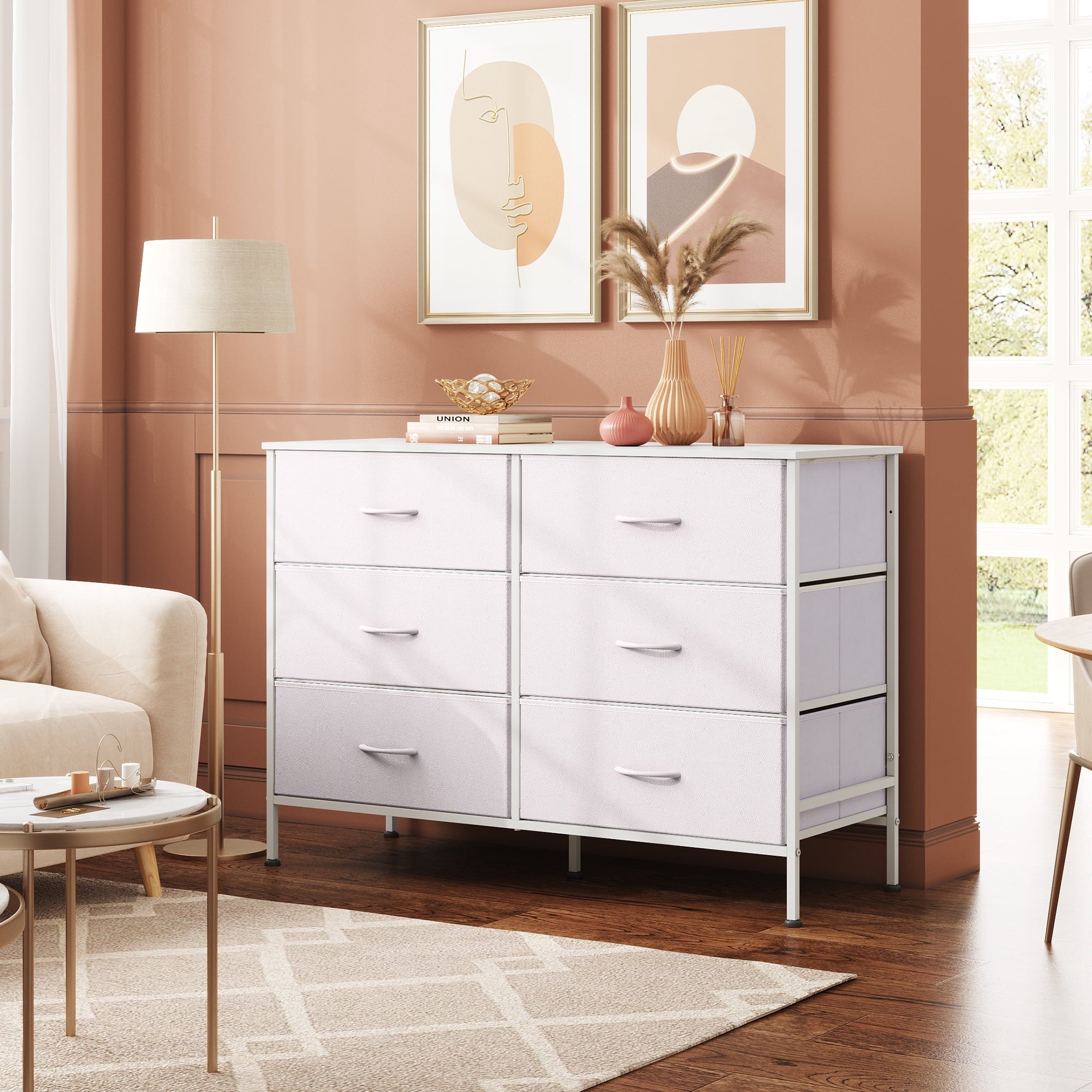 GALAXHERO 6-Drawer Fabric Dresser, 50-Inch TV Stand Wide Chest of Drawers for Bedroom, Closet, Living Room