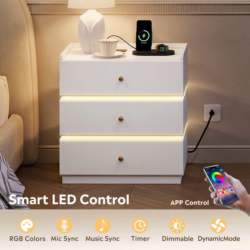 GALAXHERO Nightstand with Charging Station, Smart LED 3-Drawer Tall Bedside Table with Sensor, End Table with Wireless Charging for Bedroom Living Room Dorm