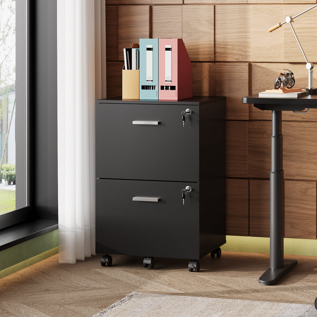 GALAXHERO 2 Drawer Filing Cabinet with Lock, Wooden Printer Stand with Storage for Home Office, Mobile Locking File Cabinet Fits Letter/A4 Hanging Files