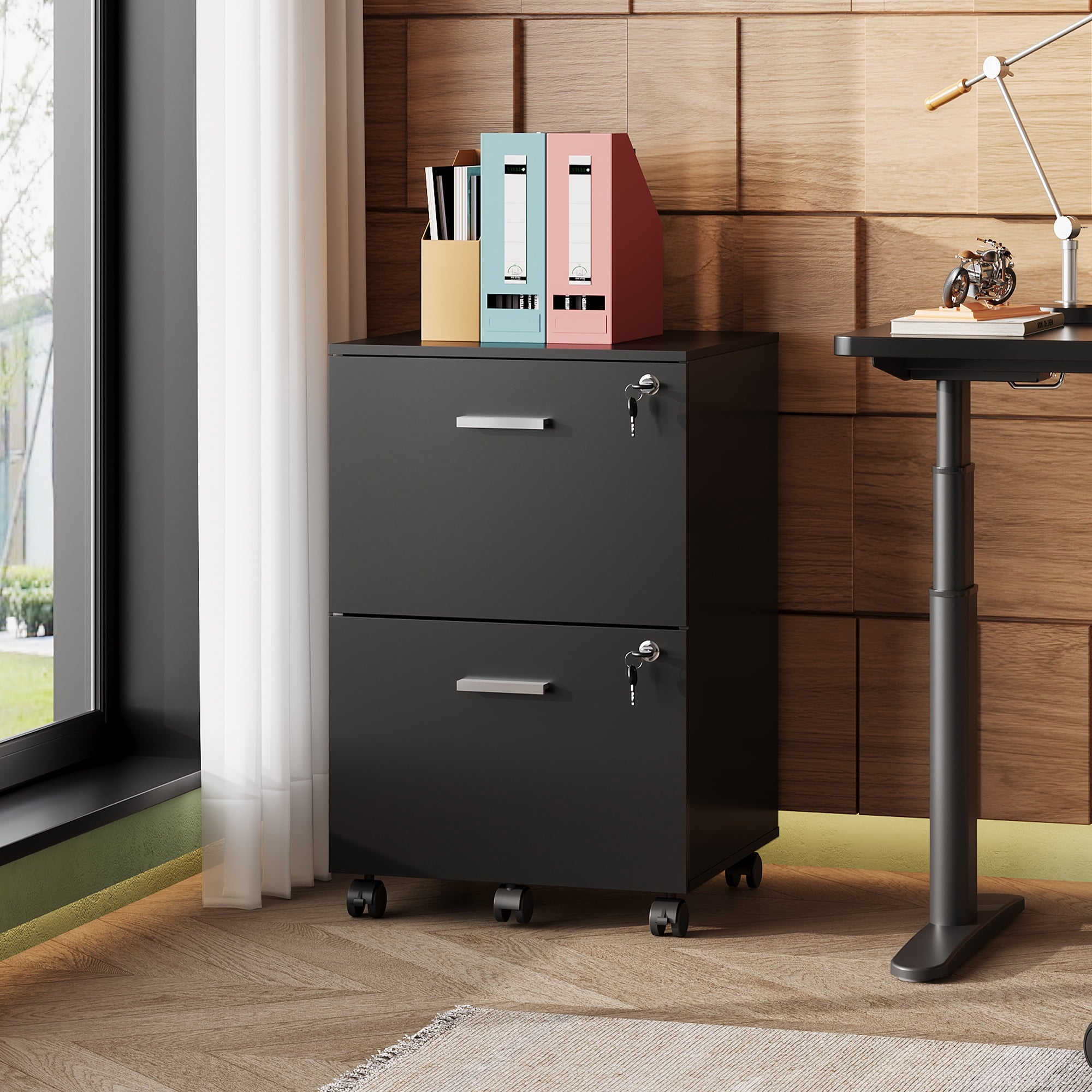 GALAXHERO 2 Drawer Filing Cabinet with Lock, Wooden Printer Stand with Storage for Home Office, Mobile Locking File Cabinet Fits Letter/A4 Hanging Files