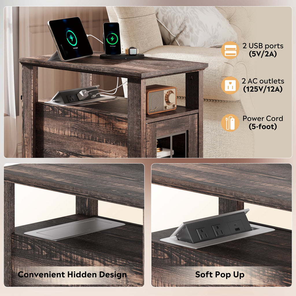 GALAXHERO Farmhouse End Table with Charging Station Narrow Side Table for Living Room Night Stand with Storage, Nightstand with USB Ports and Outlets for Bedroom