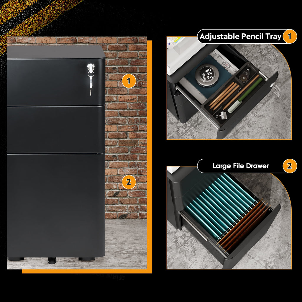 GALAXHERO 3 Drawer Metal File Cabinet with Lock, Vertical Rolling Filing Cabinet for Home Office, Fits A4/Letter/Legal