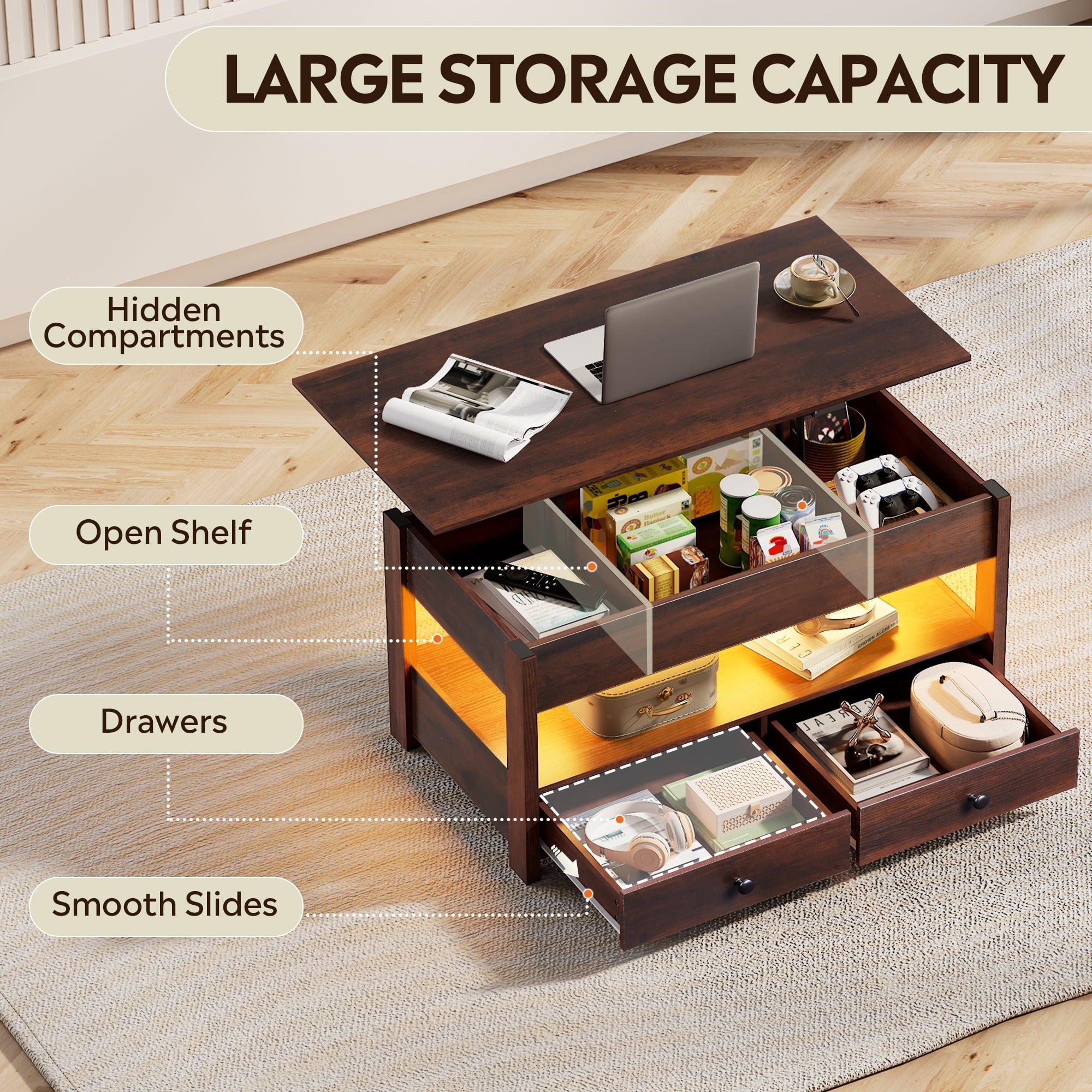 GALAXHERO Lift Top Coffee Table for Living Room Table with 2 Drawers & LED Light & Large Storage and Open Shelf