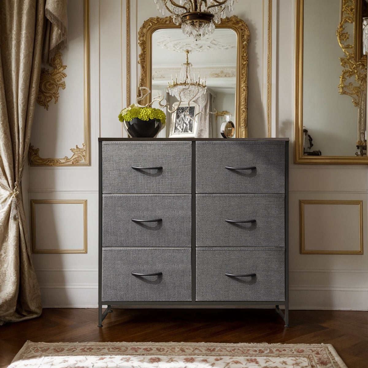 GALAXHERO 6 Drawer Dresser, Black Fabric Double Dresser, Storage Tower with Fabric Bins, Chest of Drawers for Bedroom, Closet, Living Room, Hallway