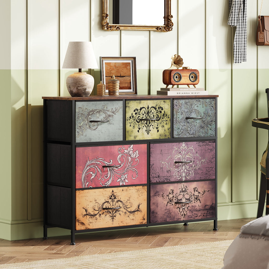 GALAXHERO 7 Drawer Dresser, TV Stands for 45" TV, Chest of Drawers with Fabric Bin for Bedroom, Living Room, Entryway