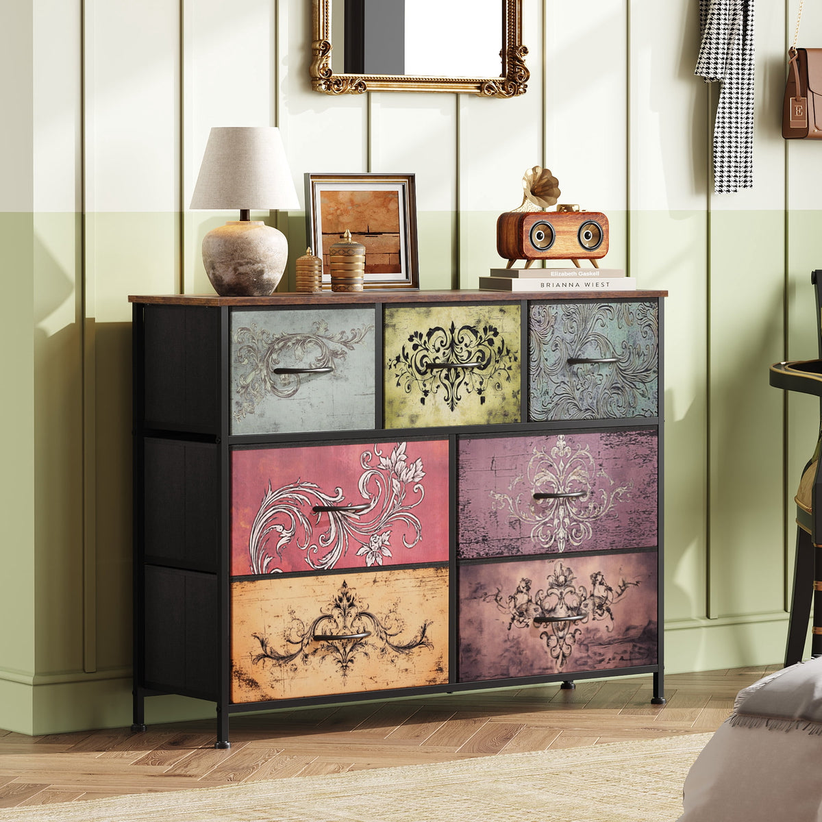 GALAXHERO 7 Drawer Dresser, TV Stands for 45" TV, Chest of Drawers with Fabric Bin for Bedroom, Living Room, Entryway