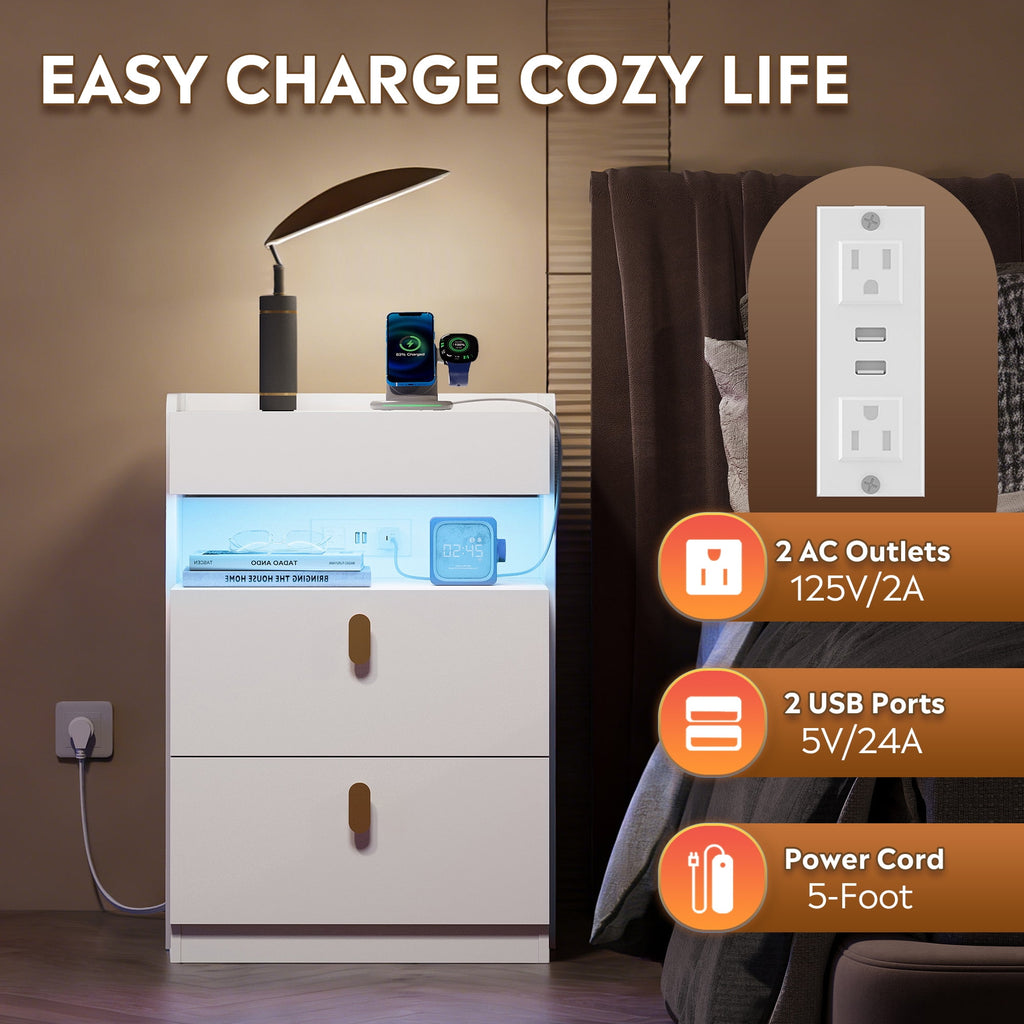 GALAXHERO 2 Drawer Nightstand with Charging Station and LED Lights, Modern Bedside Tables with Sliding Top for Bedroom, Wood End Table for Living Room