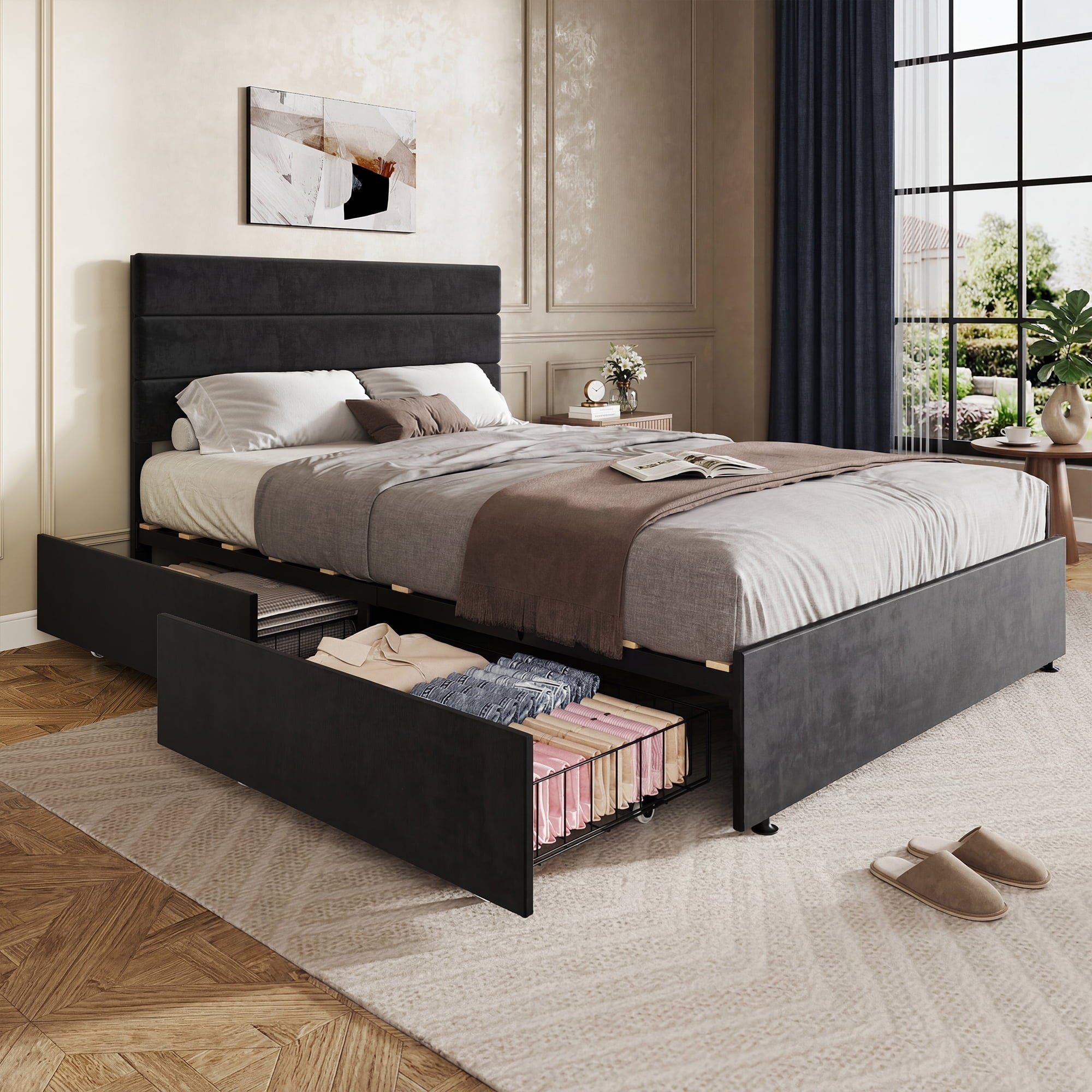 GALAXHERO Queen Size Upholstered Bed Frame with 4 Storage Drawers and Headboard, Velvet Platform Bedframe, Sturdy Metal & Wooden Slats Support, No Box Spring Needed, Easy Assembly