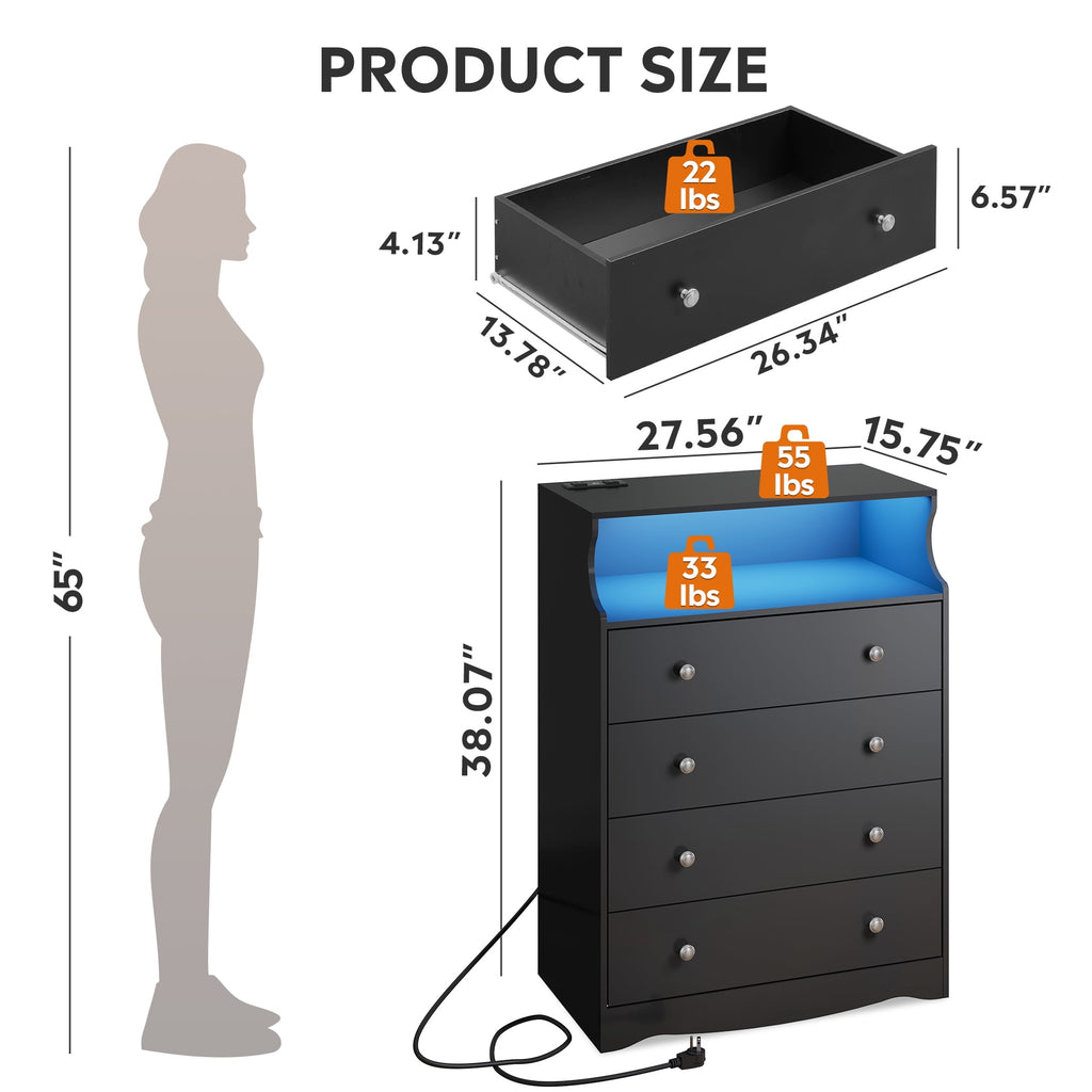 GALAXHERO 4 Drawers Dresser for Bedroom, Tall  Dressers with LED Open Shelf, Modern Chest of Drawers with Charging Station, Wood Closet Clothes Organizer Storage Cabinet