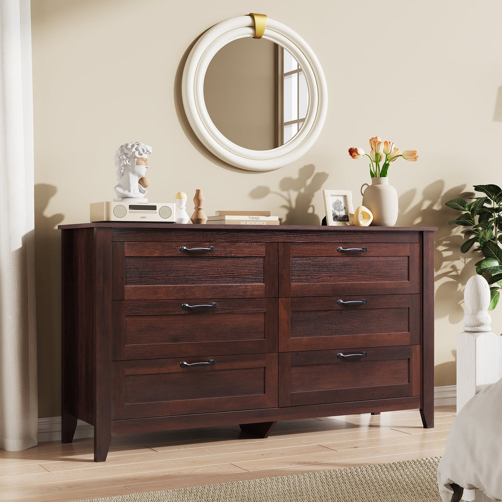 GALAXHERO 6-Drawer Double Wood Dresser - Farmhouse Chest of Drawers with Metal Handles for Bedroom, Living Room, Entryway