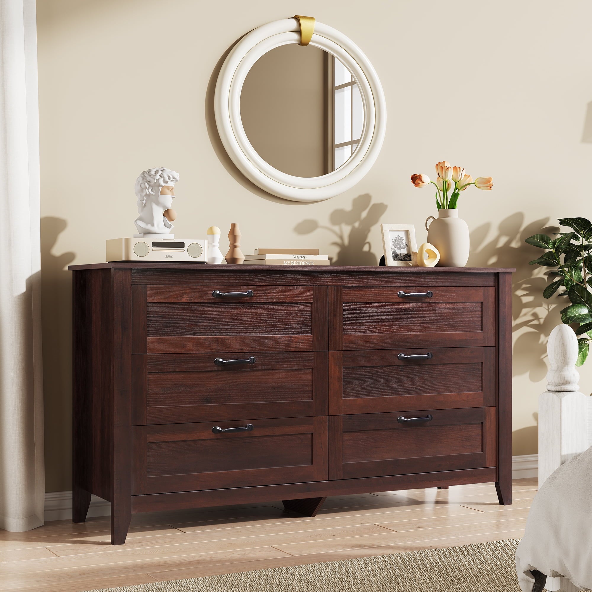 GALAXHERO 6-Drawer Double Wood Dresser - Farmhouse Chest of Drawers with Metal Handles for Bedroom, Living Room, Entryway