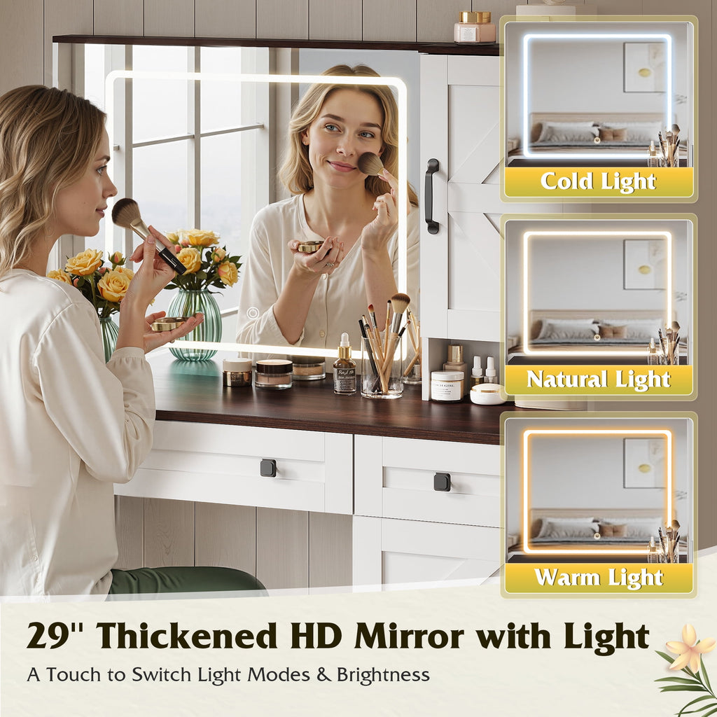 GALAXHERO Farmhouse Vanity Desk, Makeup Table Set with Mirror and Lights, Dressing Table with 2 Drawers and 2 Cabinets, Hair Dryer Holder for Bedroom