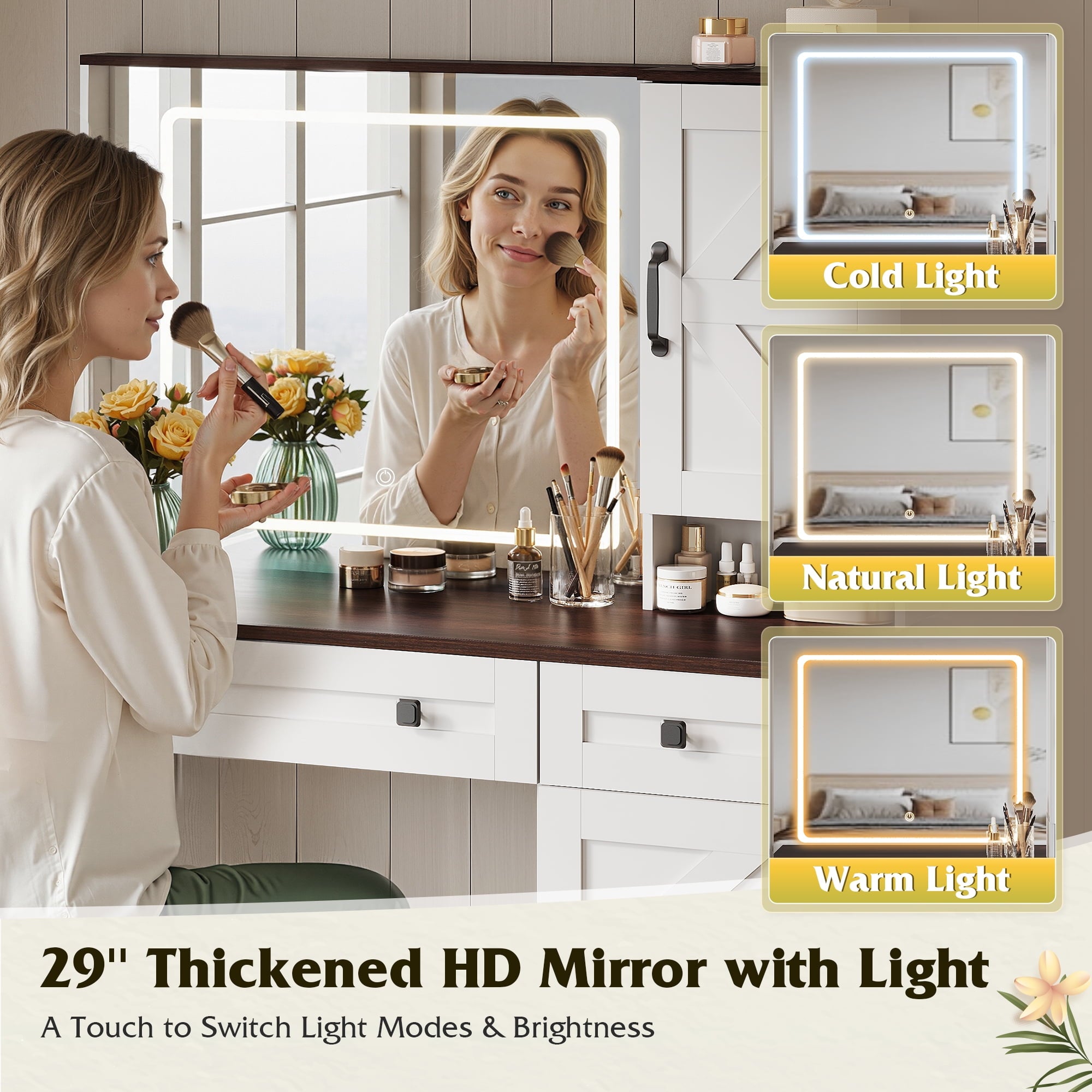 GALAXHERO Farmhouse Vanity Desk, Makeup Table Set with Mirror and Lights, Dressing Table with 2 Drawers and 2 Cabinets, Hair Dryer Holder for Bedroom