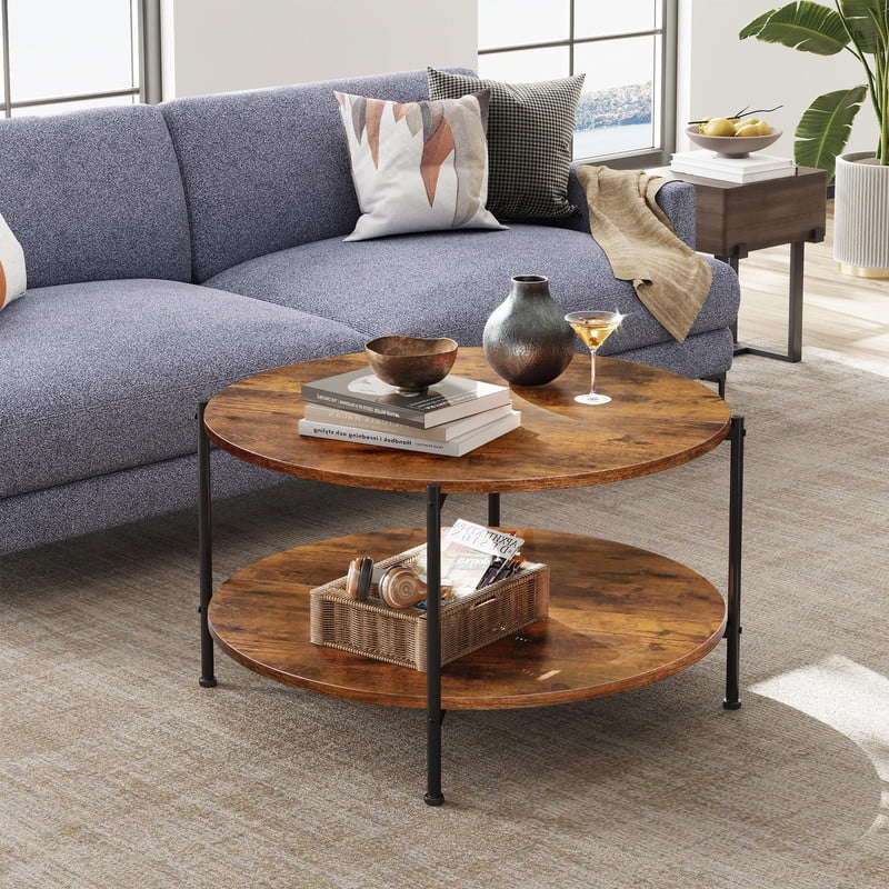 GALAXHERO Round Small Coffee Table 32.6" with Open Storage Shelf 2-Tier Industrial Circle Wood Center Table for Living Room Bedroom