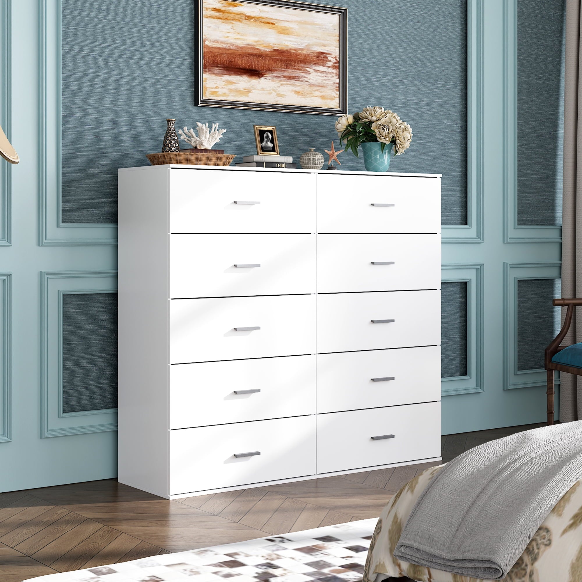 GALAXHERO 5 Drawers Dresser, Chest of Drawers for Bedroom, Tall Wood Storage Cabinet with Metal Handle for Living Room, Closet, Hallway, White