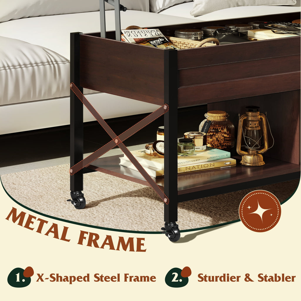 GALAXHERO Coffee Table, 41.3" Lift Top Coffee Table with 4 Wheels, Hidden Compartment, Storage Shelf and Lift Tabletop for Living Room, Reception Room