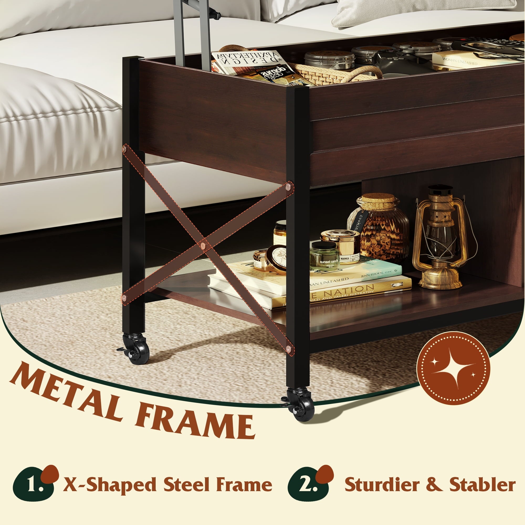 GALAXHERO Coffee Table, 41.3" Lift Top Coffee Table with 4 Wheels, Hidden Compartment, Storage Shelf and Lift Tabletop for Living Room, Reception Room