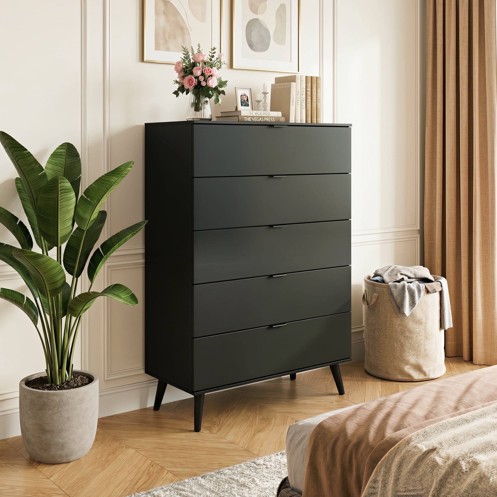 GALAXHERO 5 Drawer Dresser for Bedroom, Tall Dresser, Wooden Storage Organizer with Sturdy Metal Handle, Chest of Drawers for Living Room, Hallway, Closet