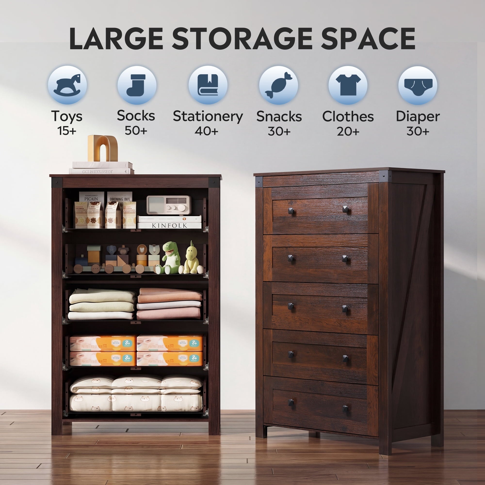 GALAXHERO Farmhouse 5 Drawer Dresser, Tall Dresser with Double Rustic Handles, Wood Chest of Drawers for Bedroom, Living Room, Hallway