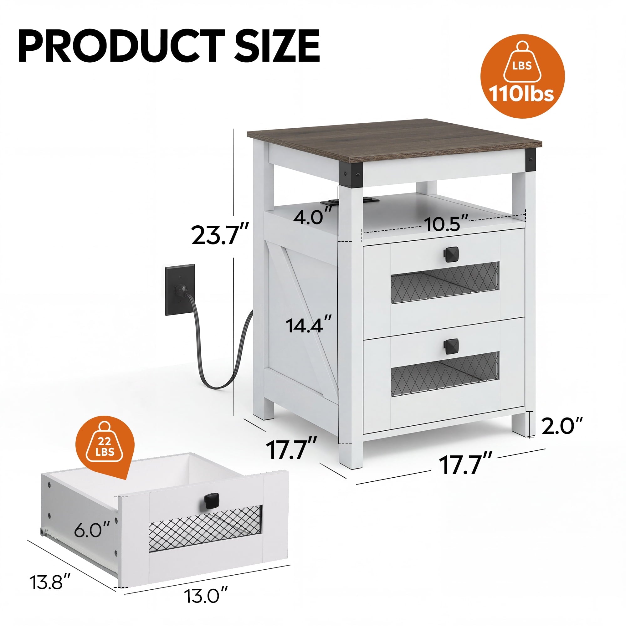 GALAXHERO Nightstand with Charging Station, Farmhouse End Table, Bed Side Table with 2 Storage Drawers and Open Shelf, Wood Rustic Nightstands for Bedroom