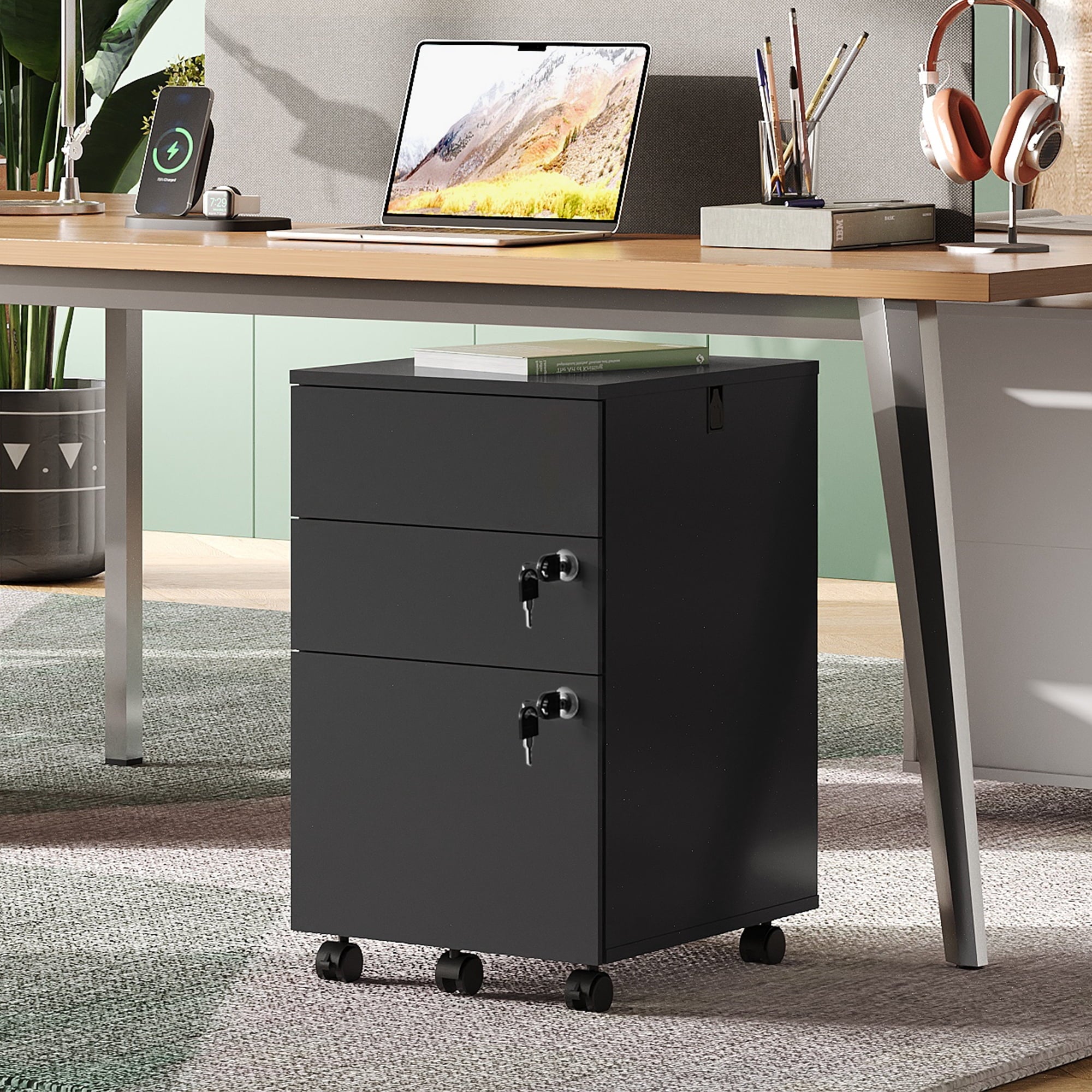 GALAXHERO 3 Drawers Storage Cabinet with Lock, Rolling Wood File Cabinet, Vertical Filing Cabinet for Home Office, Fits Letter/A4