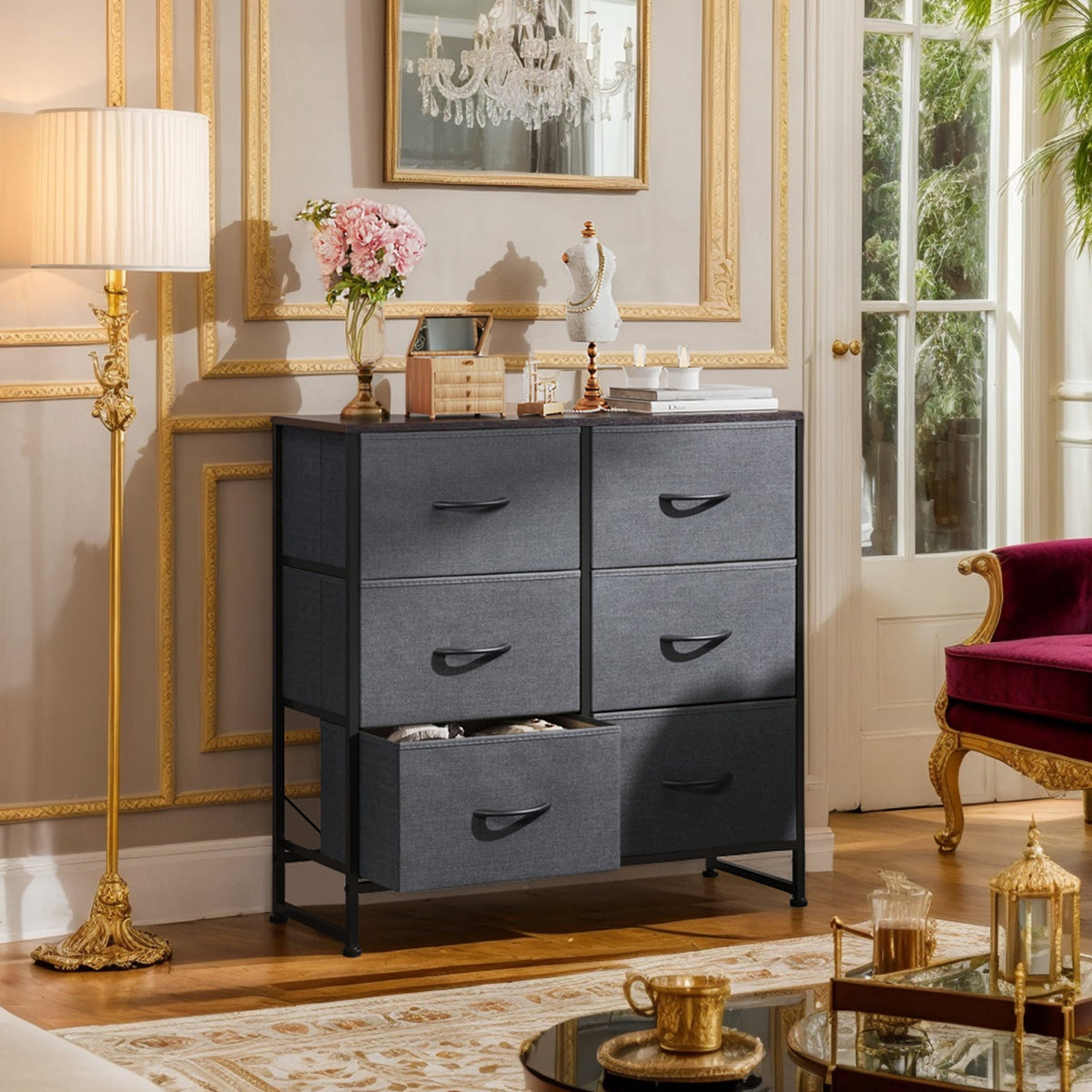 GALAXHERO 6 Drawer Dresser, Black Fabric Double Dresser, Storage Tower with Fabric Bins, Chest of Drawers for Bedroom, Closet, Living Room, Hallway