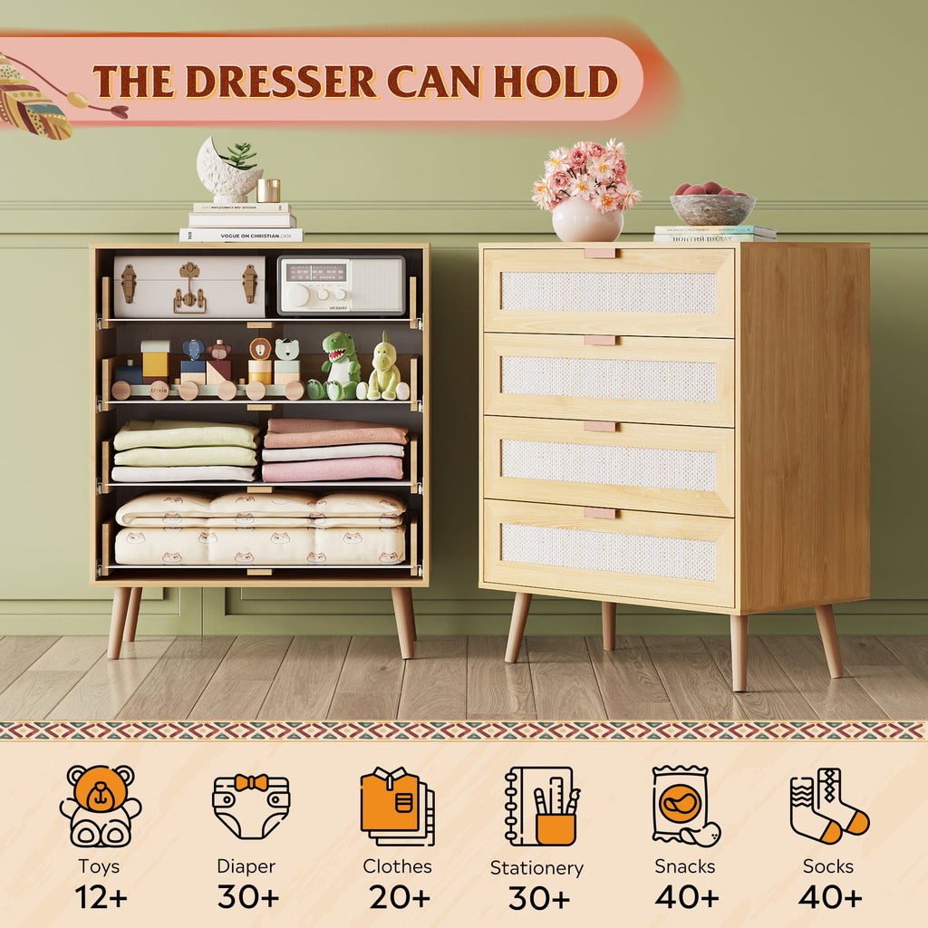 GALAXHERO 4 Drawers Dresser, Rattan Boho Chest of Drawers for Bedroom, Wood Storage Cabinet with Metal Handle for Living Room, Closet, Hallway