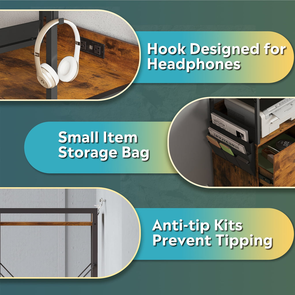 GALAXHERO 2 Drawer File Cabinet with Charging Station, Tall Vertical Filling Cabinet with Lock, Fits Letter/A4/Legal Size, Printer Stand & Adjustable Shelves for Home Office