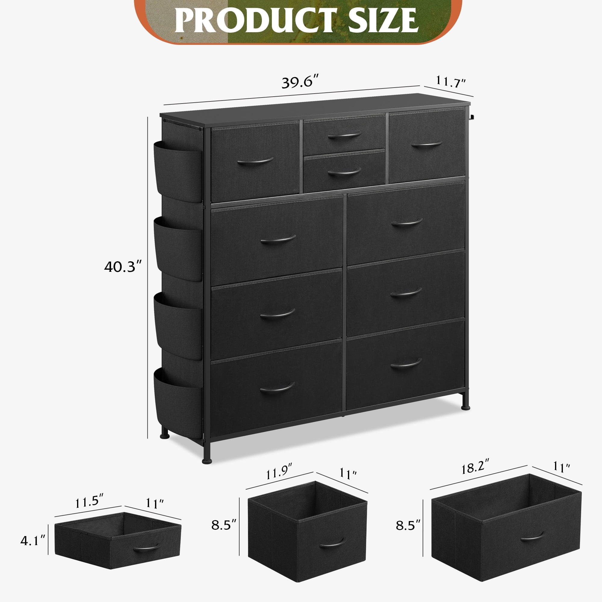 GALAXHERO 10-Drawer Fabric Dresser, Sturdy Metal Frame Organizer Unit with Side Pockets and Hooks for Bedroom, Living Room, Hallway