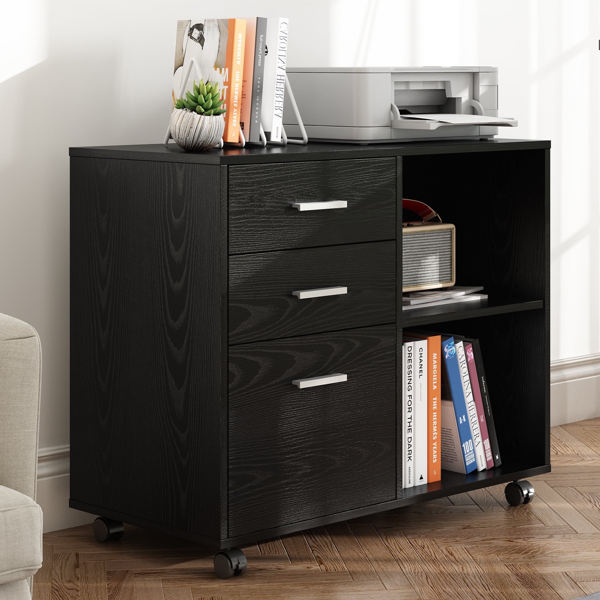 GALAXHERO 3-Drawer Wood File Cabinet, Mobile Lateral Filing Cabinet with Printer Stand and Open Shelves for Home Office